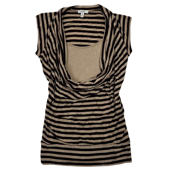 Cache Tops - Y2K Cache XS Top Brown Beige Striped Sleeveless Cowl Neck Knit Tank Blouse